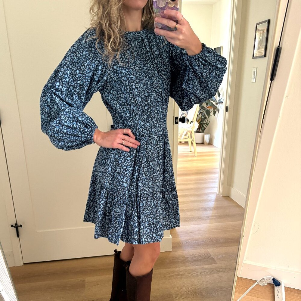 Chelsea28 Blue Floral Tiered Mini Dress Long Sleeve XS